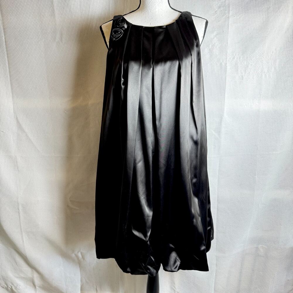 Sandra Darren Black Satin Pleated Midi Dress with Rosette
